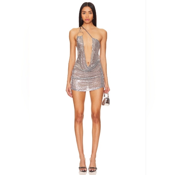 Draped Mini Dress With Ring Detail in Gunmetal Jaded London Silver Sequin 8 - Picture 1 of 8